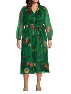 Alex Marie Floral Print Long Blouson Sleeve Pleated Tie Waist Midi Dress
